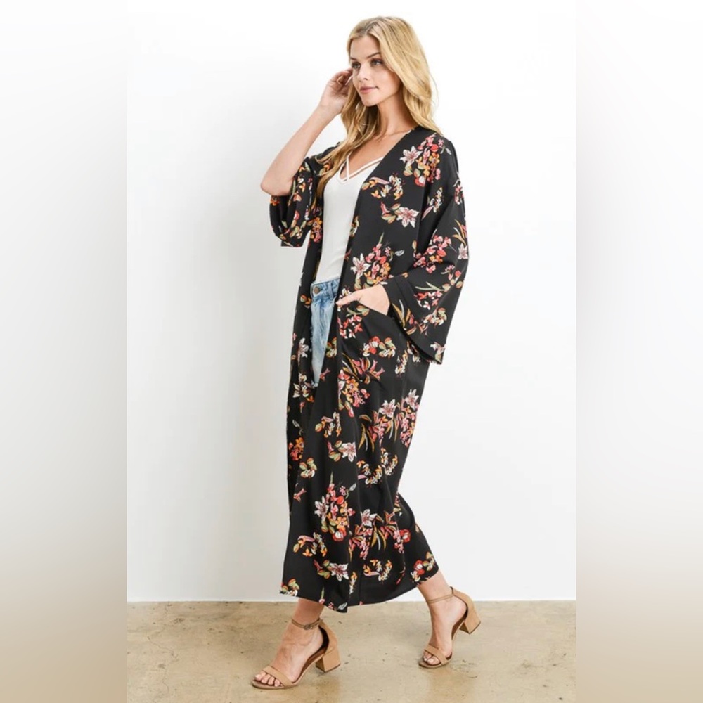 La Charme U Green Floral Open Front Duster